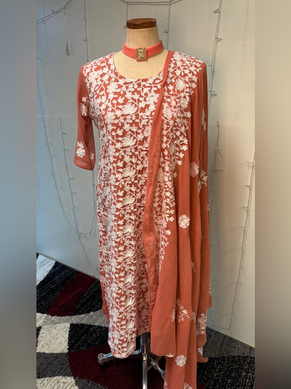 Embroidered Coral Women’s Dress with Dupatta
